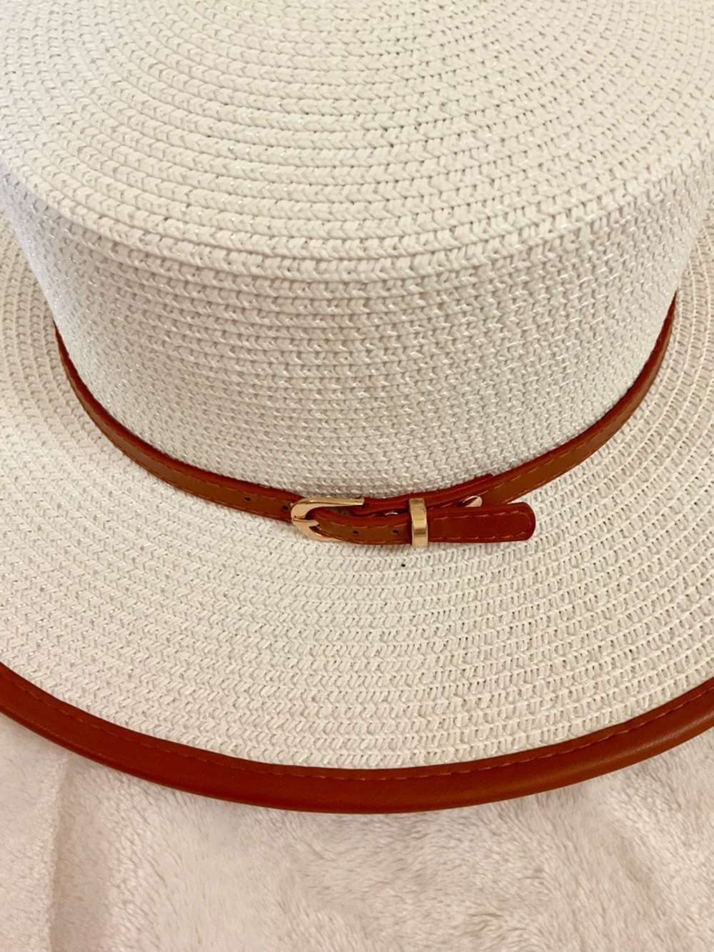 British Flat Top Wide Brim White Straw Hat Detachable Leopard Print Clip NWOT - Picture 6 of 14